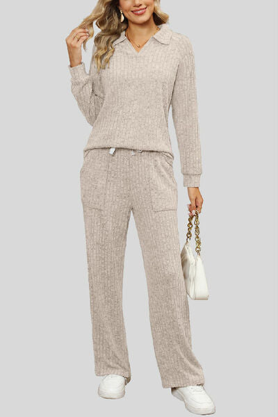 Blue Zone Planet | Ribbed Long Sleeve Top and Pocketed Pants Set BLUE ZONE PLANET