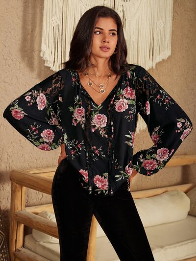 Blue Zone Planet | Flower Printed Tie Neck Long Sleeve Blouse BLUE ZONE PLANET