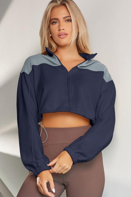 Contrast Drawstring Zip Up Jacket BLUE ZONE PLANET