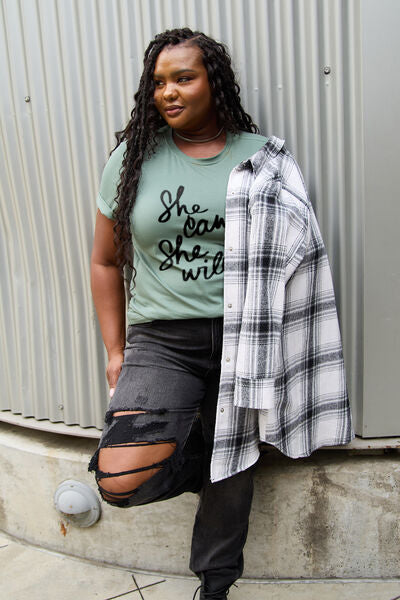 Blue Zone Planet | Simply Love Full Size SHE CAN SHE WILL Short Sleeve T-Shirt BLUE ZONE PLANET