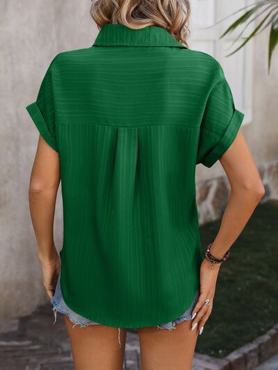 Textured Button Up Cap Sleeve Shirt Trendsi