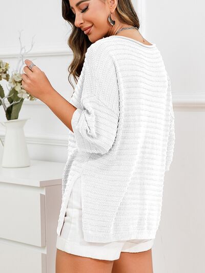 Blue Zone Planet | Rolled Round Neck Dropped Shoulder Slit Sweater BLUE ZONE PLANET