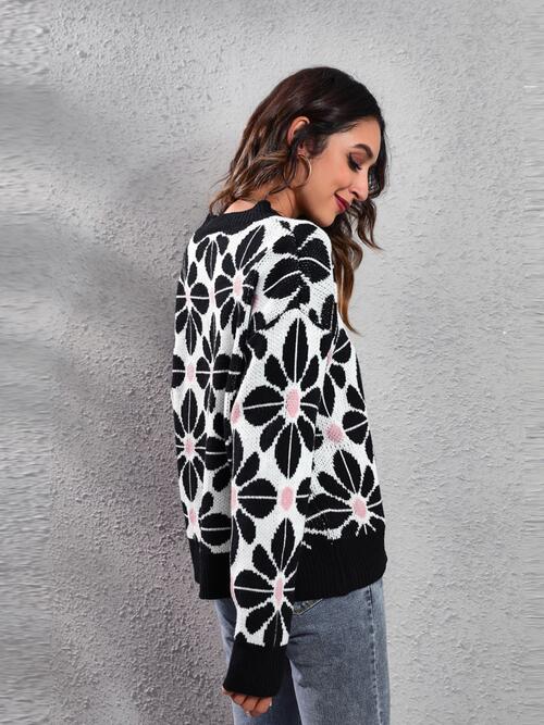 Floral Round Neck Long Sleeve Sweater BLUE ZONE PLANET