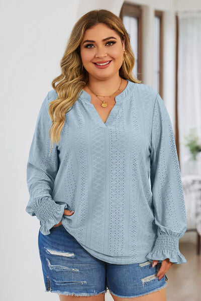 Blue Zone Planet | Plus Size Eyelet Notched Flounce Sleeve Blouse BLUE ZONE PLANET