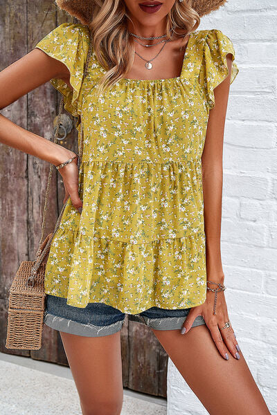 Blue Zone Planet | Printed Square Neck Cap Sleeve Blouse BLUE ZONE PLANET