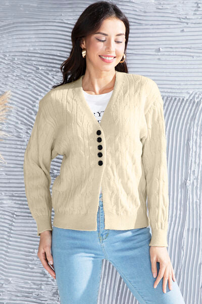 Blue Zone Planet | Cable-Knit Button Up Dropped Shoulder Cardigan BLUE ZONE PLANET