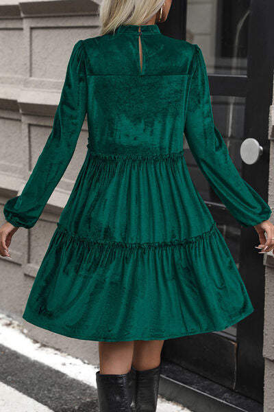 Smocked Balloon Sleeve Frill Trim Tiered Dress BLUE ZONE PLANET