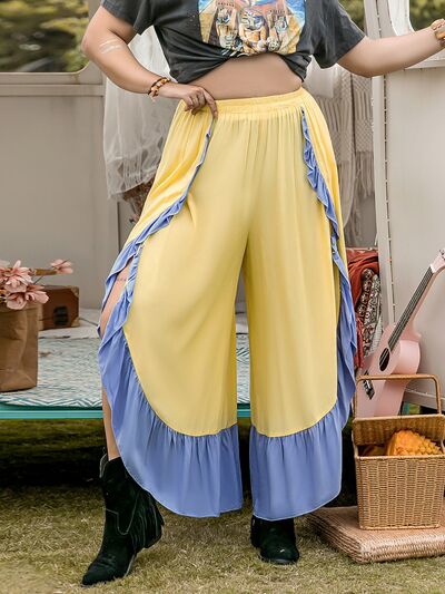 Plus Size Contrast Ruffled Wide Leg Pants BLUE ZONE PLANET