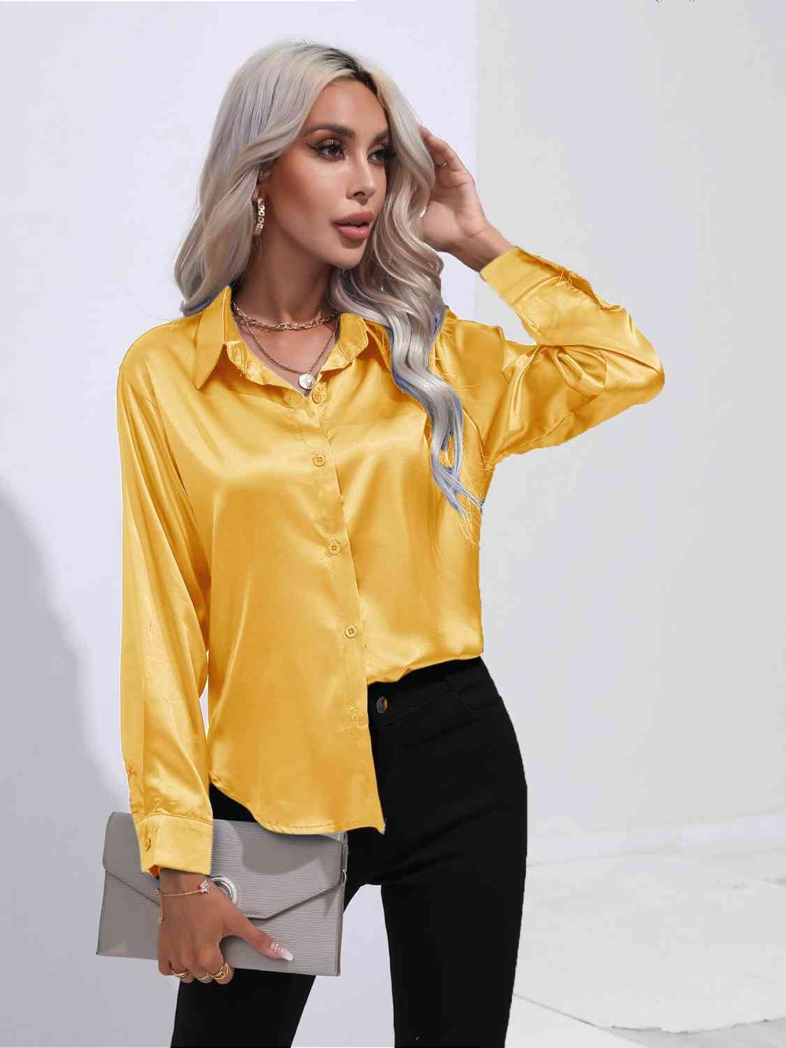 Collared Neck Buttoned Long Sleeve Shirt BLUE ZONE PLANET