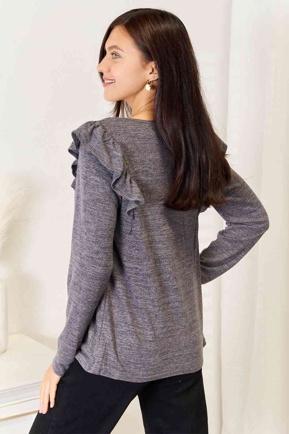 Double Take Square Neck Ruffle Shoulder Long Sleeve T-Shirt BLUE ZONE PLANET