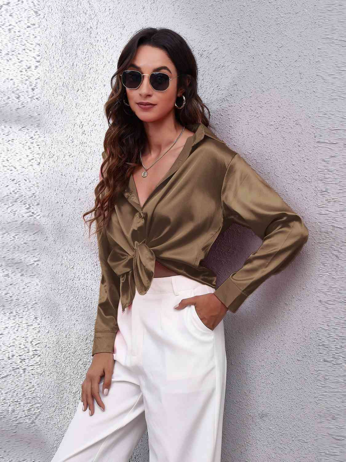Collared Neck Buttoned Long Sleeve Shirt BLUE ZONE PLANET