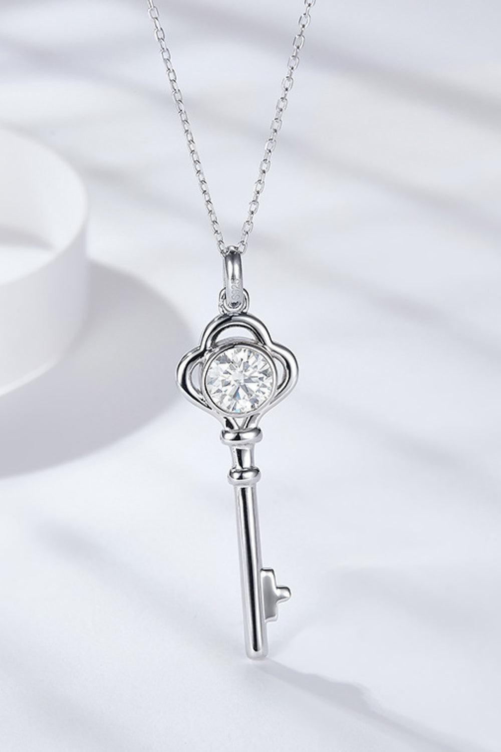 925 Sterling Silver 1 Carat Moissanite Key Pendant Necklace BLUE ZONE PLANET