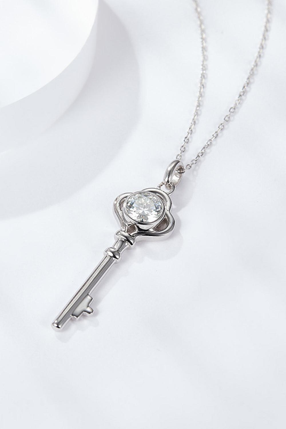 925 Sterling Silver 1 Carat Moissanite Key Pendant Necklace BLUE ZONE PLANET