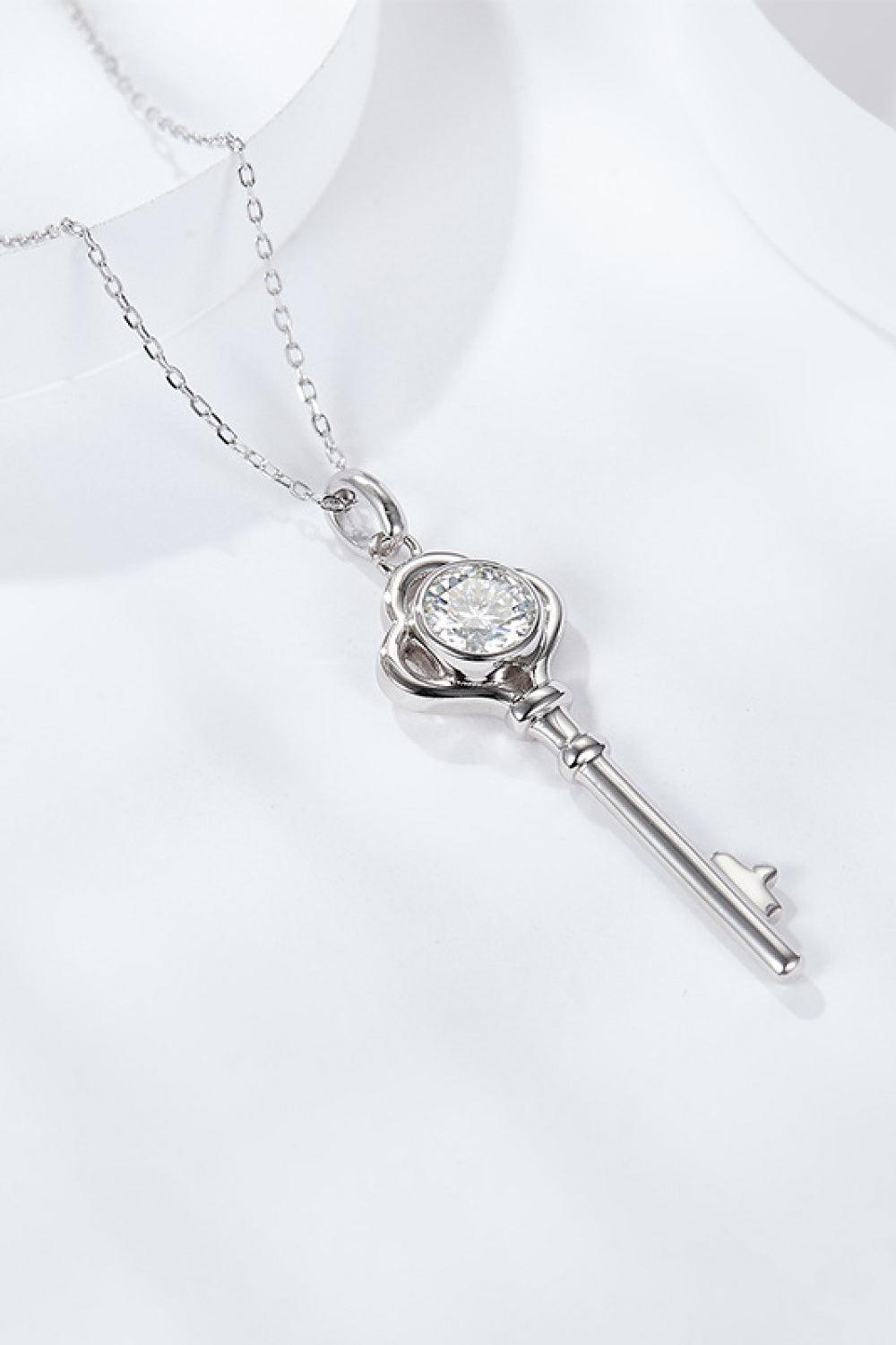 925 Sterling Silver 1 Carat Moissanite Key Pendant Necklace BLUE ZONE PLANET