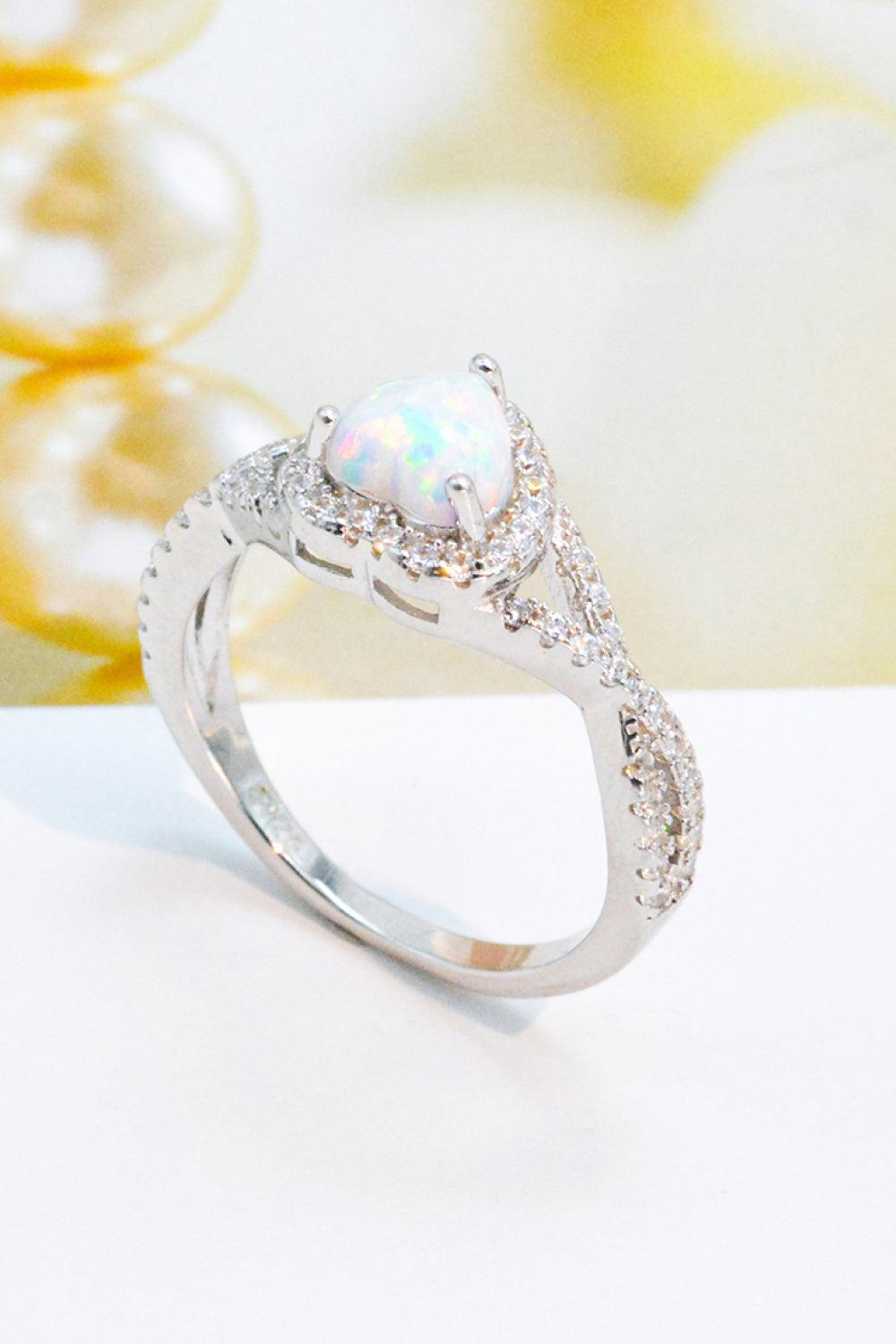 925 Sterling Silver Heart Opal Crisscross Ring BLUE ZONE PLANET
