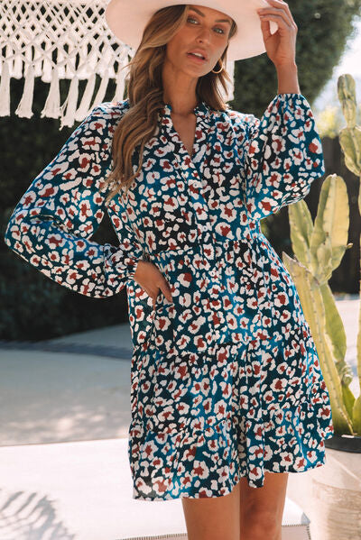 Leopard Half Button Balloon Sleeve Tiered Dress BLUE ZONE PLANET