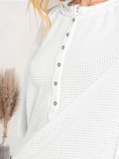 Blue Zone Planet | Waffle Knit Half Button Raw Hem Blouse BLUE ZONE PLANET