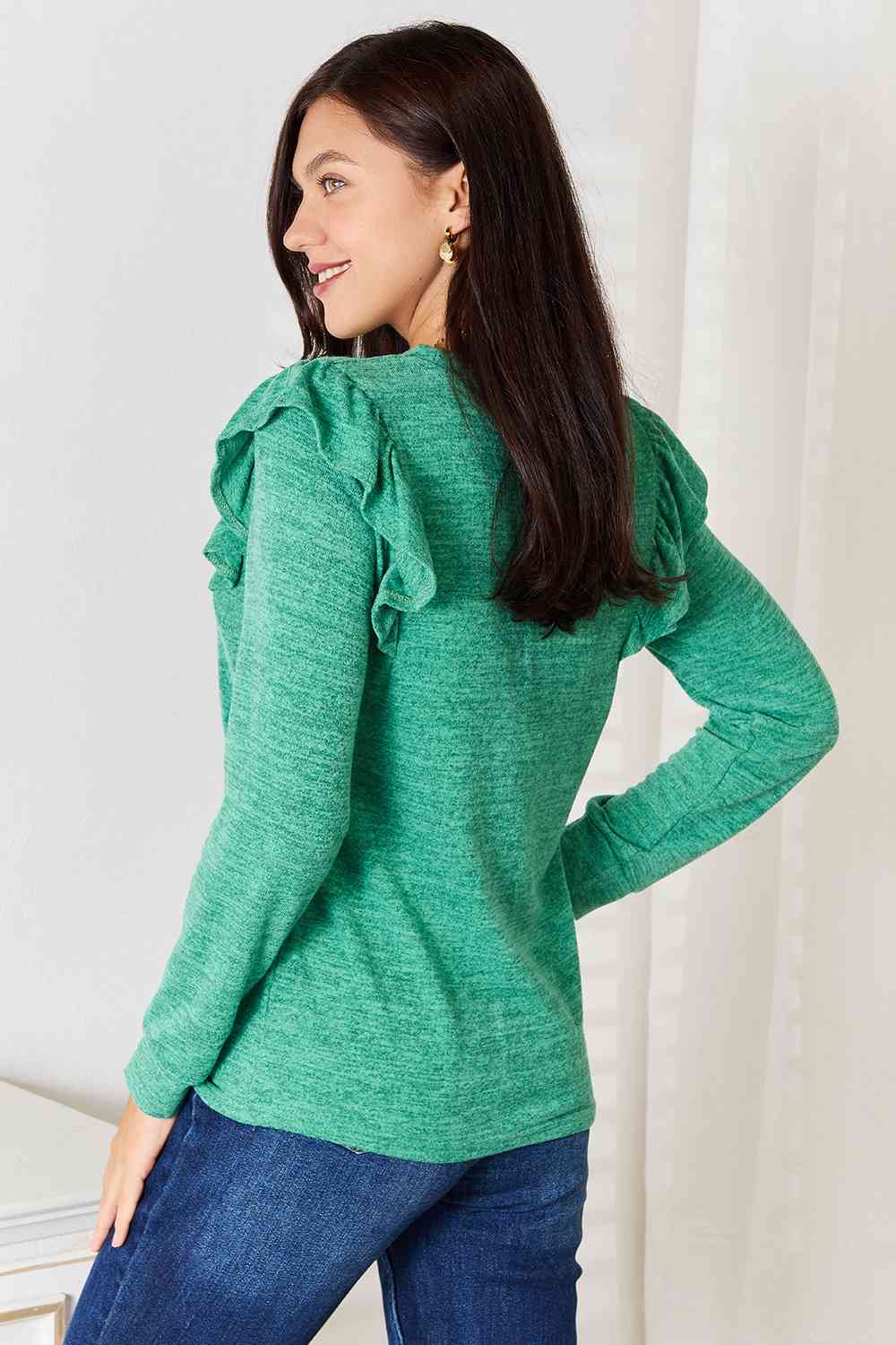 Double Take Ruffle Shoulder Long Sleeve T-Shirt BLUE ZONE PLANET