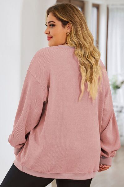 Blue Zone Planet | Plus Size Heart Ribbed Round Neck Sweatshirt BLUE ZONE PLANET