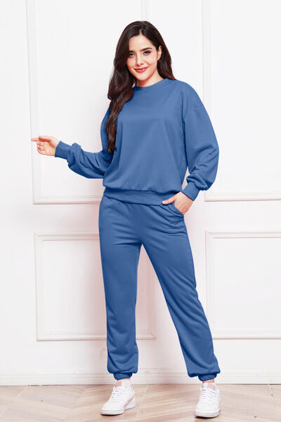 Blue Zone Planet | Round Neck Long Sleeve Sweatshirt and Pants Set BLUE ZONE PLANET
