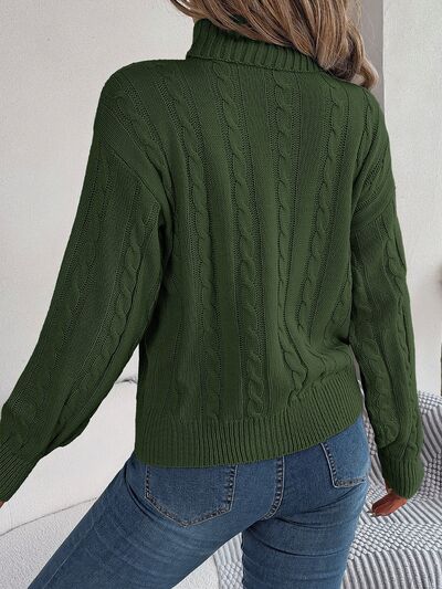 Blue Zone Planet | Cable-Knit Turtleneck Dropped Shoulder Sweater BLUE ZONE PLANET