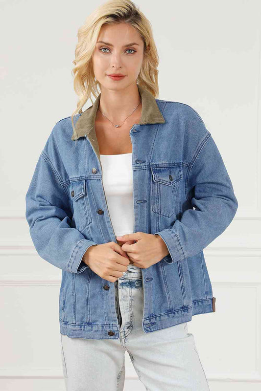Collared Neck Button Front Denim Jacket BLUE ZONE PLANET