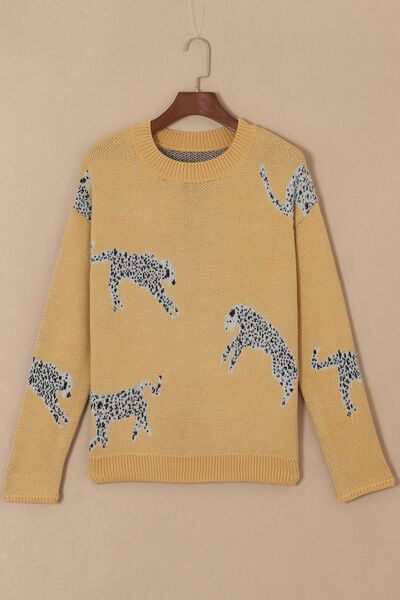 Blue Zone Planet | Animal Element Round Neck Dropped Shoulder Sweater BLUE ZONE PLANET