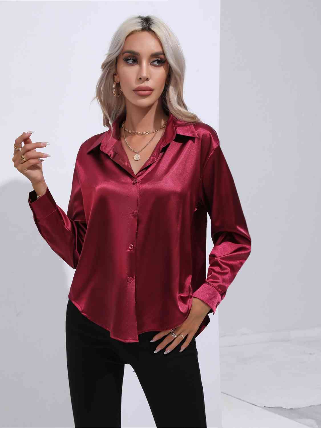 Collared Neck Buttoned Long Sleeve Shirt BLUE ZONE PLANET