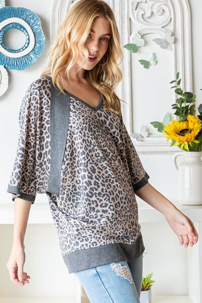 Heimish Full Size Leopard Contrast V-Neck Half Sleeve T-Shirt BLUE ZONE PLANET