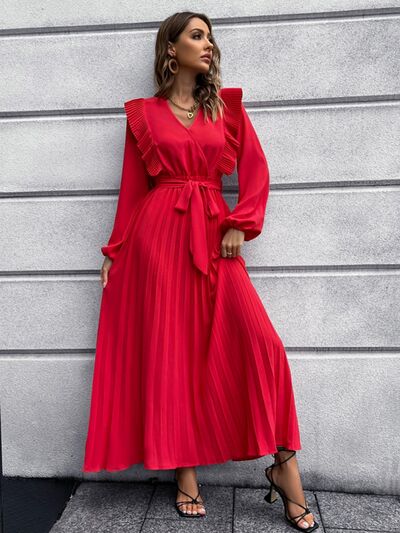 Blue Zone Planet | Pleated Surplice Tie Waist Maxi Dress BLUE ZONE PLANET