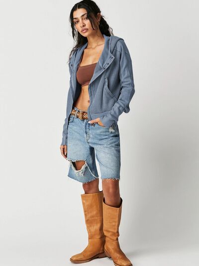 Blue Zone Planet | Waffle-Knit Dropped Shoulder Hooded Jacket BLUE ZONE PLANET