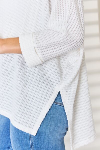 Zenana Full Size Waffle Knit V-Neck Long Sleeve Slit Top BLUE ZONE PLANET