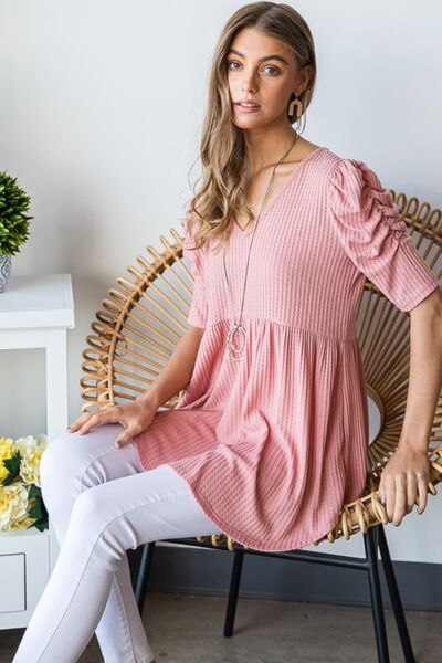 Blue Zone Planet | Heimish Full Size Waffle Knit V-Neck Babydoll Top BLUE ZONE PLANET