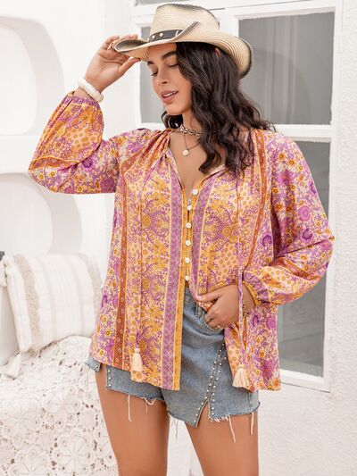 Blue Zone Planet | Plus Size Tie Neck Tassel Printed Blouse BLUE ZONE PLANET