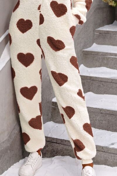 Blue Zone Planet | Fuzzy Heart Zip Up Hooded Lounge Jumpsuit BLUE ZONE PLANET