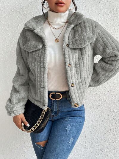 Blue Zone Planet | Fuzzy Button Up Collared Neck Jacket BLUE ZONE PLANET