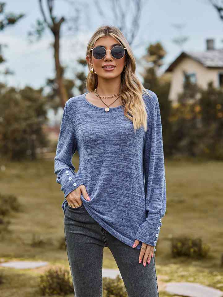 Round Neck Long Sleeve Buttoned T-Shirt BLUE ZONE PLANET