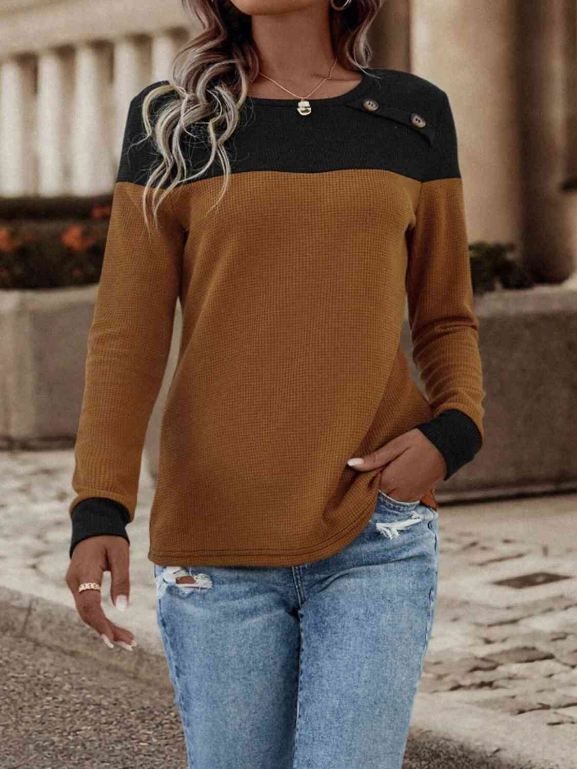 Contrast Buttoned Round Neck Long Sleeve T-Shirt BLUE ZONE PLANET