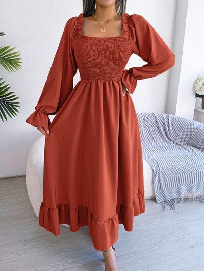 Smocked Square Neck Flounce Sleeve Dress BLUE ZONE PLANET