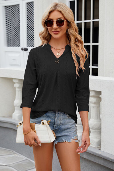 Blue Zone Planet | Eyelet Notched Knit Jacquard Top BLUE ZONE PLANET
