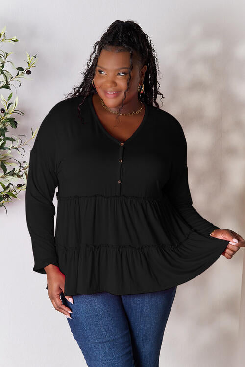 Double Take Half Button Long Sleeve Ruffle Hem Blouse BLUE ZONE PLANET