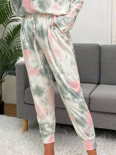 Tie-Dye Round Neck Top and Drawstring Pants Lounge Set Trendsi