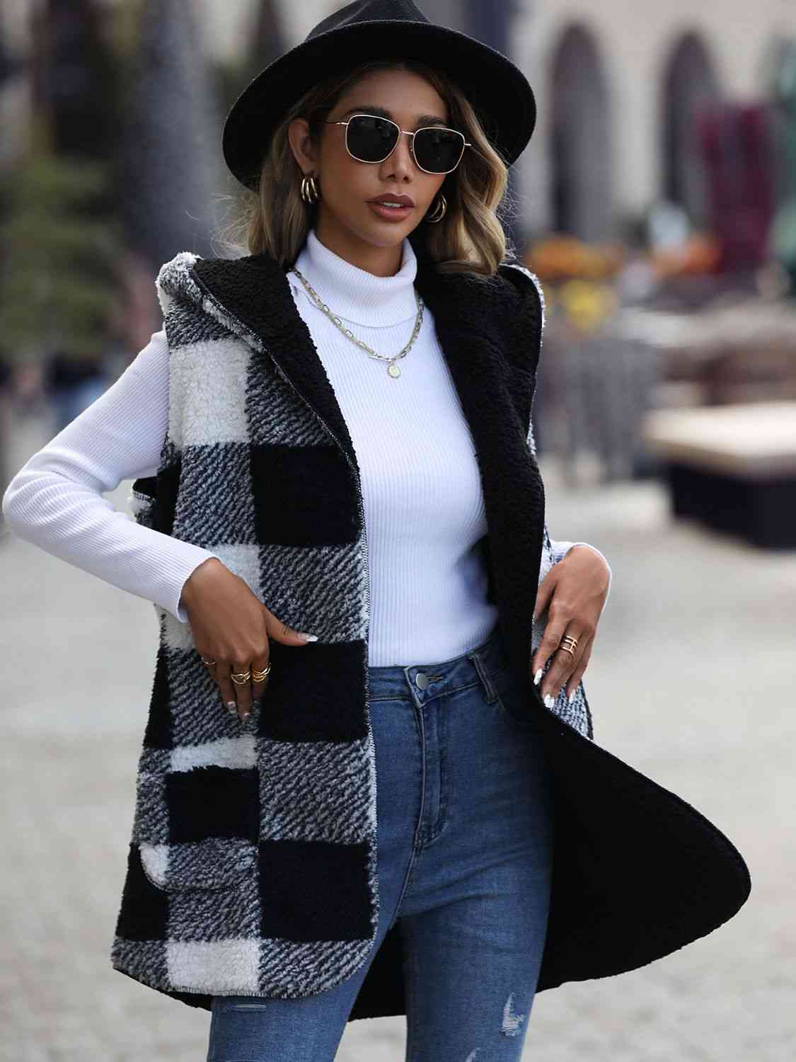 Plaid Hooded Vest with Pockets BLUE ZONE PLANET