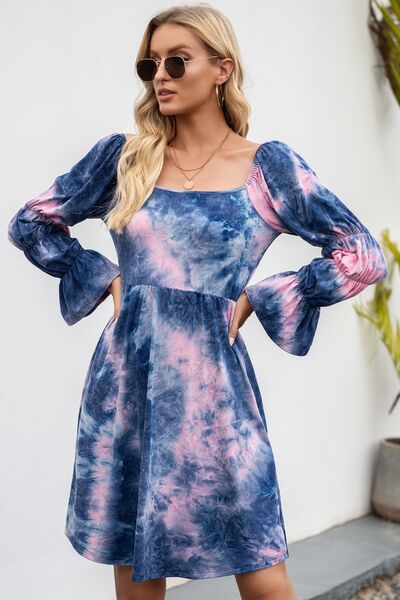 Blue Zone Planet | Tie-Dye Square Neck Flounce Sleeve Dress BLUE ZONE PLANET