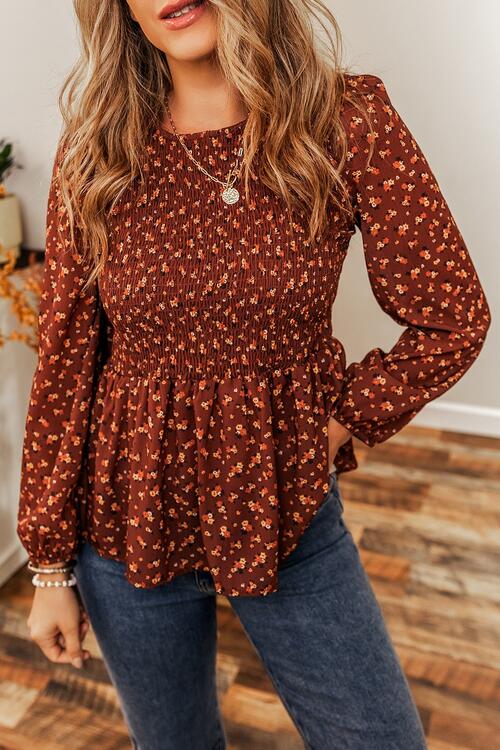 Floral Smocked Ruffle Hem Long Sleeve Blouse BLUE ZONE PLANET