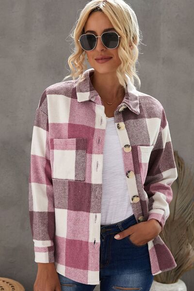 Blue Zone Planet | Plaid Button Up Dropped Shoulder Jacket BLUE ZONE PLANET