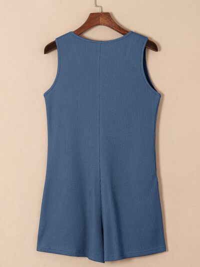 Waffle-Knit Half Button Sleeveless Romper with Pockets Trendsi