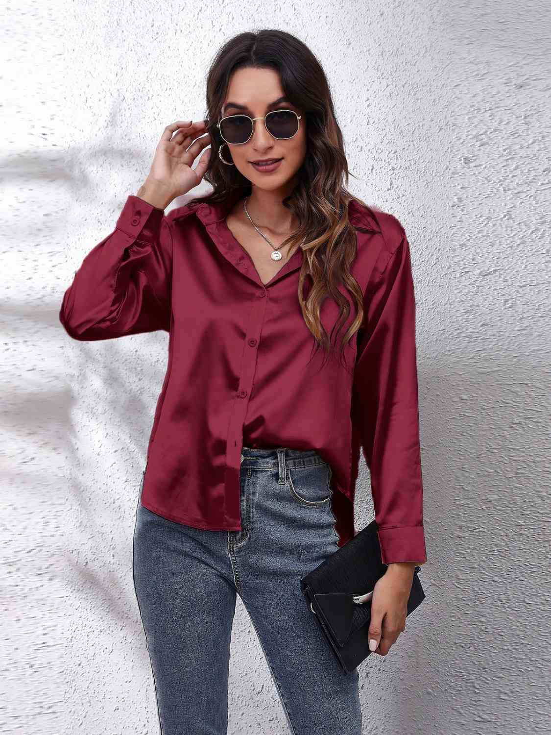 Collared Neck Buttoned Long Sleeve Shirt BLUE ZONE PLANET