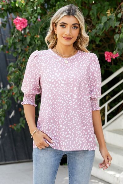 Blue Zone Planet | Polka Dot Round Neck Lantern Sleeve Blouse BLUE ZONE PLANET