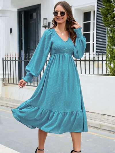 Swiss Dot V-Neck Smocked Lantern Sleeve Ruffle Hem Dress BLUE ZONE PLANET
